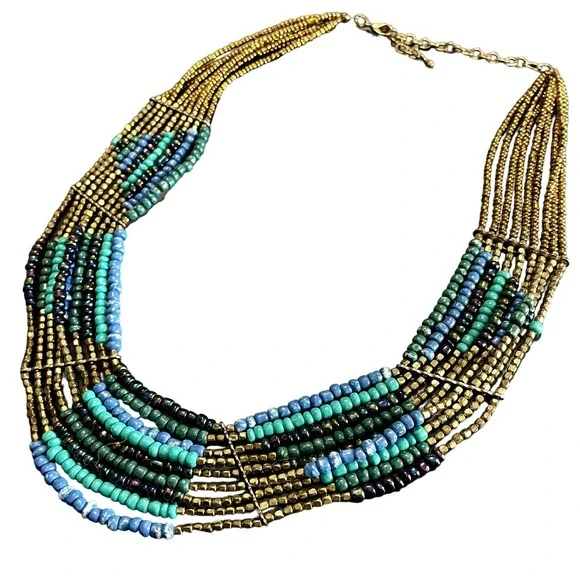 4 for $20 Sale Blue & Gold Bohemian Seed Bead Layered Necklace - Picture 4 of 7